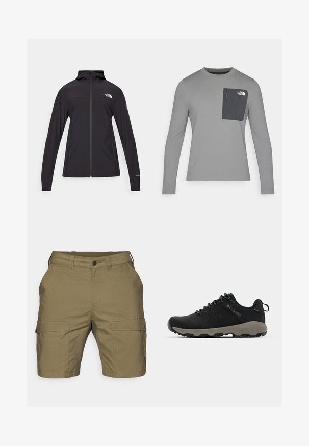 Sort, fuld-zip jakke med hætte. Har lange ærmer, to sidelommer og logo-detalje på brystet og ærmet. Letvægtigt stof.; Langærmet grå skjorte i tekstureret stof, med en mørkegrå brystlomme og lynlås. Logo på lommen i hvid.; Cargo shorts i oliven grøn, med knaplukning, to frontlommer og to sidelommer med klapper. Tekstureret stof.; Sort vandresko med en glat overdel, perforeret design, grå ydersål og forstærket hæl. Har snørebånd og en træksløjfe for nem påtagning.