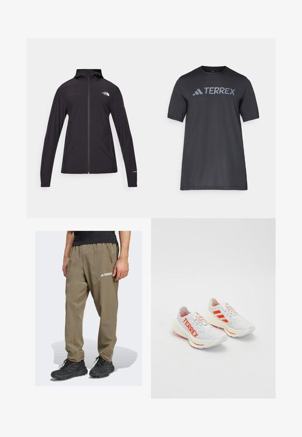 Sort, fuld-zip jakke med hætte. Har lange ærmer, to sidelommer og logo-detalje på brystet og ærmet. Letvægtigt stof.; Sort kortærmet t-shirt lavet af let stof, med et lys gråt "TERREX" logo på tværs af brystet og rund halsudskæring.; Terrex mærket letvægtige, khaki vandrebukser med elastisk talje, sidelomme og logodetalje. Fremstillet af slidstærkt, åndbart stof.; Hvide sportssko med orange accenter, der har "TERREX" branding, en mesh-overdel, en polstret sål og en struktureret gummisål.