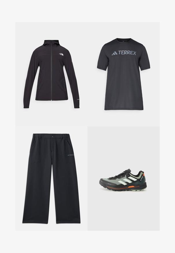 Černá bunda na zip s kapucí. Má dlouhé rukávy, dvě boční kapsy a detail s logem na hrudi a na rukávu. Lehká tkanina.; Černé tričko s krátkým rukávem vyrobené z lehkého materiálu, s světle šedým logem "TERREX" přes hruď a kulatým výstřihem.; Černé outdoorové kalhoty s volnějším střihem, vybavené dvěma bočními kapsami a zapínáním na knoflíky. Vyrobené z odolného, lehkého materiálu.; Lehká trailová běžecká bota se šedou a černou síťovinou, oranžovými akcenty a robustní podešví pro trakci. Voděodolná podšívka Gore-Tex.