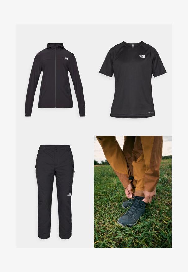 Jachetă neagră, cu fermoar complet și glugă. Are mâneci lungi, două buzunare laterale și detalii cu logo pe piept și pe mână. Material ușor.; Tricou athletic scurt, de culoare neagră, cu un material texturat, având un logo alb pe partea stângă a pieptului și un tiv drept.; The North Face WINTER EXPLORATION TAPERED CARGO - Pantaloni outdoor - black; Bocanci de drumeție negri cu uppers texturati și șireturi, purtați cu pantaloni impermeabili maro, așezați pe iarbă verde sub un cer noros.