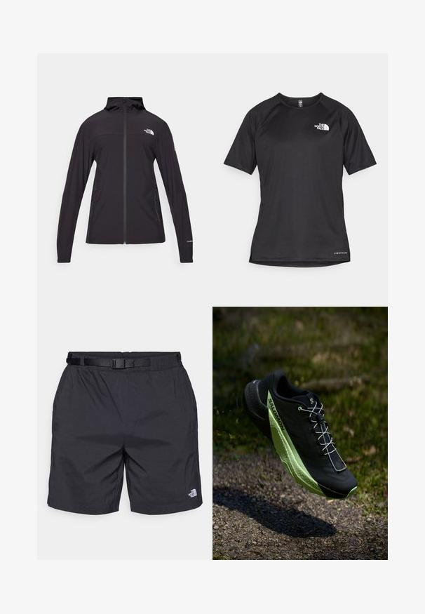 Sort, fuld-zip jakke med hætte. Har lange ærmer, to sidelommer og logo-detalje på brystet og ærmet. Letvægtigt stof.; Sort kortærmet træningsskjorte i tekstureret stof med et hvidt logo på venstre bryst og lige kant.; Sort letvægts shorts med en afslappet pasform, der har et justerbart bælte, sidelommer og North Face-logoet på den nederste højre ben.; Sort løbesko med en tekstureret overflade og grønne accenter. Har et let design og en unik, mønstret sål for godt greb.
