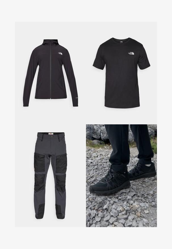 Black, full-zip jacket with a hood. Features long sleeves, two side pockets, and logo detail on the chest and sleeve. Lightweight fabric.; Black short-sleeve t-shirt made of cotton, featuring a round neckline and a small white logo on the upper left chest area.; Gray outdoor pants with black accents, made from durable material. Features multiple pockets and reinforced knee areas for added strength.; Black outdoor shoes with mesh and synthetic material, featuring a textured upper, secured lacing system, and a rugged outsole, on rocky terrain.