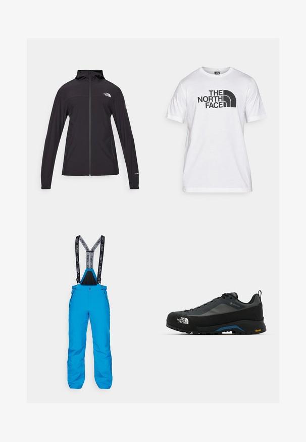 Μαύρη ζακέτα με πλήρες φερμουάρ και κουκούλα. Διαθέτει μακριά μανίκια, δύο πλευρικές τσέπες και λογότυπο στο στήθος και στο μανίκι. Ελαφρύ ύφασμα.; Λευκό βαμβακερό t-shirt με μαύρη γραφική εκτύπωση που περιλαμβάνει κείμενο και σχεδίαση καμπύλου λογότυπου. Στρογγυλή λαιμόκοψη και κοντά μανίκια. Απλή υφή.; Μπλε παντελόνια σκι με ρυθμιζόμενες μαύρες και γκρίζες τιράντες, τσέπες με φερμουάρ στα πλάγια και ανθεκτικό, αδιάβροχο υλικό.; The North Face VERTO ALPINE GORE TEX - Παπούτσια πεζοπορίας - asphalt grey/tnf black