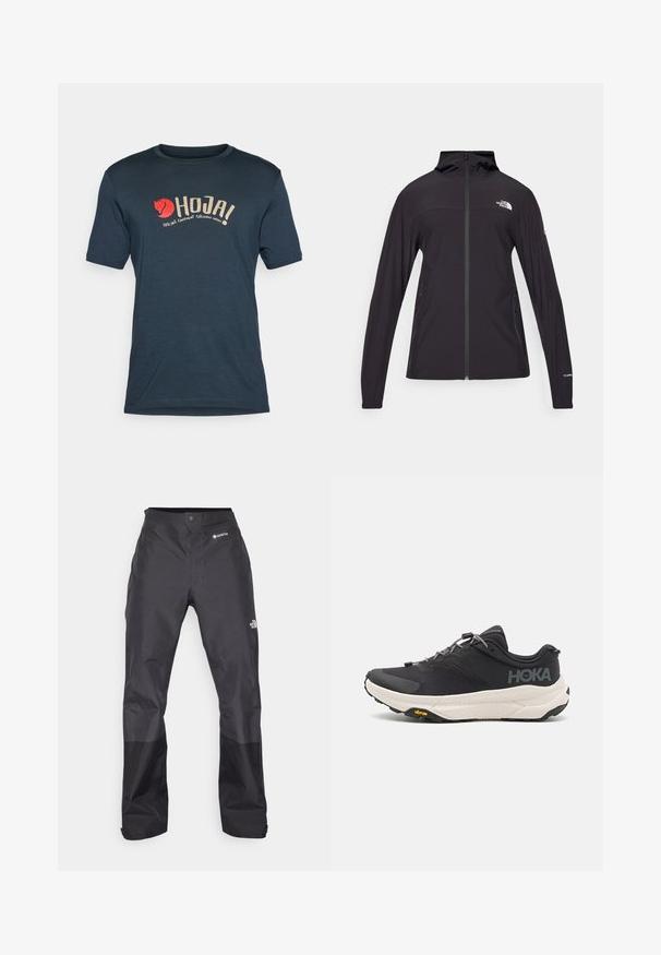 Svart jacka med hel dragkedja och huva. Har långa ärmar, två sidofickor och logotypdetalj på bröstet och ärmen. Lättviktig tyg.; Mörkblå t-shirt i lätt material med en logotyp som har en röd räv grafik och texten "HOJA! CYKLINGUTRUSTNING FJÄLLRÄVEN SVERIGE."; Svarta vattentäta byxor med en slät yta, med en GORE-TEX-logotyp på framsidan och förstärkta nedre ben för ökad hållbarhet.; Svart sportskor med en texturerad ovansida, grå detaljer, reflektiva inslag och en tjock vit sula med Vibram-märkning.