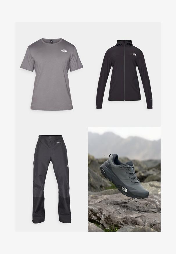 Juodas pilnai užtraukiamas džemperis su gobtuvu. Savybės: ilgomis rankovėmis, dviem šoninėms kišenėms, logotipas ant krūtinės ir rankovės. Lengvas audinys.; Pilkos spalvos trumpomis rankovėmis marškinėliai, pagaminti iš švelnios medžiagos. Turi apvalų iškirpimą ir nedidelį baltą logotipą viršutiniame kairiajame kampe.; Juodos vandeniui atsparios kelnės su lygiu paviršiumi, su GORE-TEX logotipu priekyje ir sustiprintomis apačiomis dėl ilgaamžiškumo.; Pilkas bėgimo batelis su tekstūruota viršutine dalimi, tvirtu guminio pado ir sustiprinta nosimi. Turi raištelius ir prekės ženklo logotipą šone.