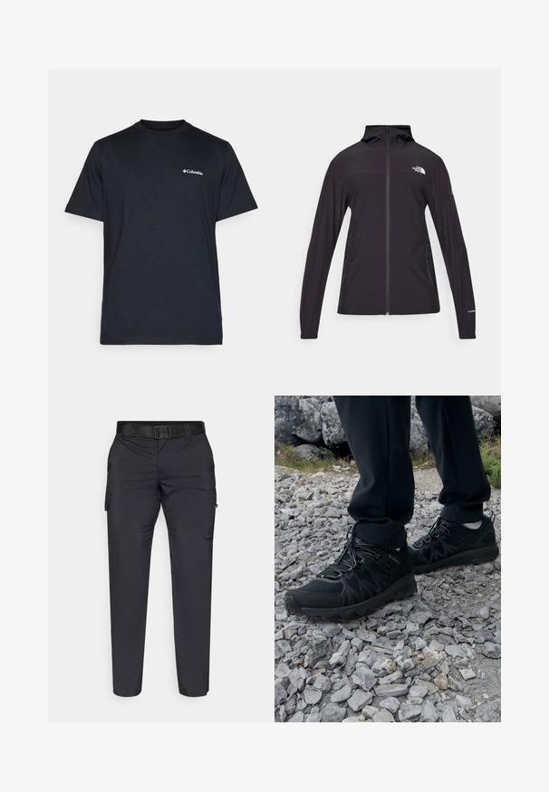 Černá bunda na zip s kapucí. Má dlouhé rukávy, dvě boční kapsy a detail s logem na hrudi a na rukávu. Lehká tkanina.; Námořnická modrá tričko vyrobené z bavlny. Krátké rukávy, kulatý výstřih, s malým bílým logem Columbia na hrudi.; Černé cargo kalhoty s úzkým střihem, vyrobené z odolného nylonu, s páskem, bočními kapsami a hladkým povrchem.; Černé venkovní boty z prodyšného a syntetického materiálu, s texturovaným svrškem, bezpečným šněrovacím systémem a robustní podrážkou, na skalnatém terénu.