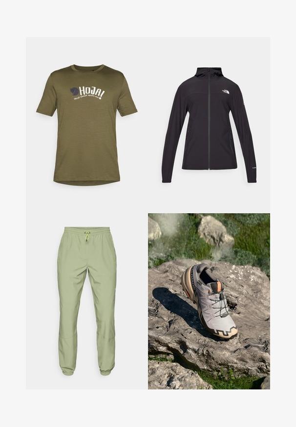 Melns, pilnībā ar rāvējslēdzēju aizverams žakets ar kapuci. Iekļauj garas piedurknes, divas sānu kabatas un logotipa detaļu uz krūtīm un piedurknēm. Viegls audums.; Olīvu zaļa kokvilnas T-krekls ar apaļu kakla izgriezumu, īsām piedurknēm, ar baltu un jūras zilas krāsas drukātu tekstu un logo uz priekšpuses. Viegls audums.; Gaiši zaļas sporta bikses ar elastīgu jostu, aukliņu aizdari un potīšu aproces; satur divas sānu kabatas un gludu tekstūru.; Gaišs pelēks taku skriešanas apavs ar bēšiem akcentiem, teksturēta virsma, melnas mežģīnes un izteikta zole. Satur zīmola logo.