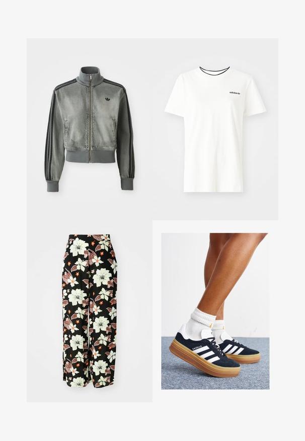 Grijze sportjas met rits en hoge kraag, geribde manchetten en onderkant, zwarte strepen op de mouwen, en een klein zwart Adidas logo op de borst.; Witte katoenen t-shirt met korte mouwen en een ronde halslijn. Heeft een zwart Adidas-logo op de borst en een contrasterende zwarte binnenkraag.; Zwarte bloemenbroek met grote witte, oranje en bruine bloemen, een loose fit met brede pijpen en gemaakt van zachte, lichte stoffen.; Zwarte suède sneakers met witte strepen en accenten, ronde neus, gum rubberen buitenzool, gecombineerd met witte geribbelde crewkousen.