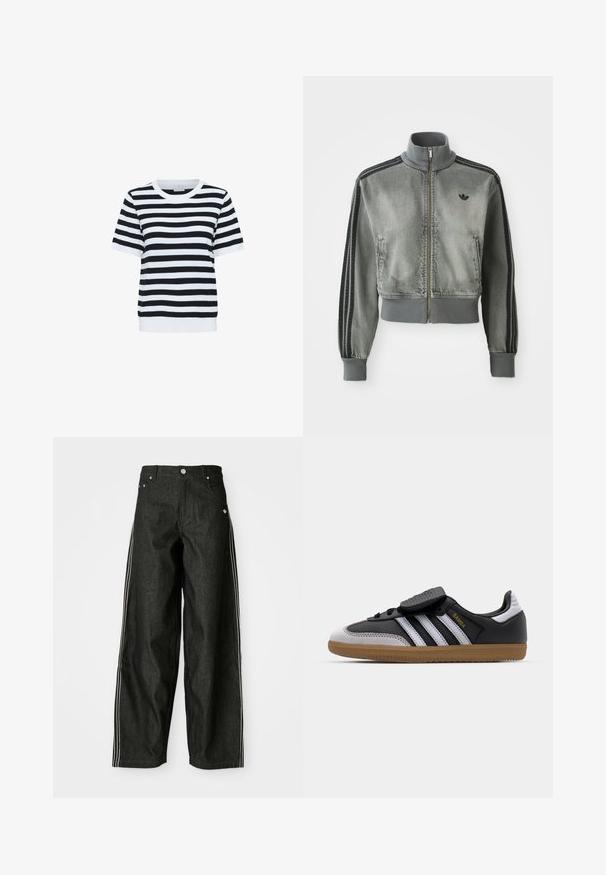 Graue Sportjacke mit Reißverschluss und hohem Kragen, gerippten Bündchen und Saum, schwarzen Streifen an den Ärmeln und einem kleinen schwarzen Adidas-Logo auf der Brust.; Schwarz-weißer gestreifter Kurzarm-Oberteil mit Rundhalsausschnitt und ribbeligem Saum, aus einem weichen, glatten Stoff gefertigt.; Schwarze Denim-weit geschnittene Hose mit weißen Seitestreifen, vorne mit Taschen, einem Knopfverschluss und einem dezenten Logo in der Nähe des Bundes.; Schwarze Leder- und graue Wildleder-Sneaker mit weißen Streifen, Gummisohle, Schnürung vorne und Klettverschluss. Mit "Samba"-Markenlogo in Gold.