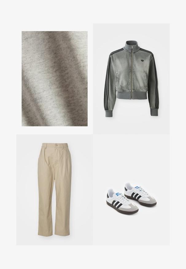 Grey zip-up sports jacket with high collar, ribbed cuffs and hem, black stripes on sleeves, and a small black Adidas logo on the chest.; Light gray fabric with a soft texture, showing a subtle marled pattern. Material appears stretchy and lightweight. No visible hardware or accents.; Beige trousers made of cotton, featuring a relaxed fit, front pleats, a single button closure, and straight legs with stitched hems.; Sport shoes with a white leather upper, gray suede toe, and three black stripes. Features a blue logo on the tongue and a textured rubber sole.