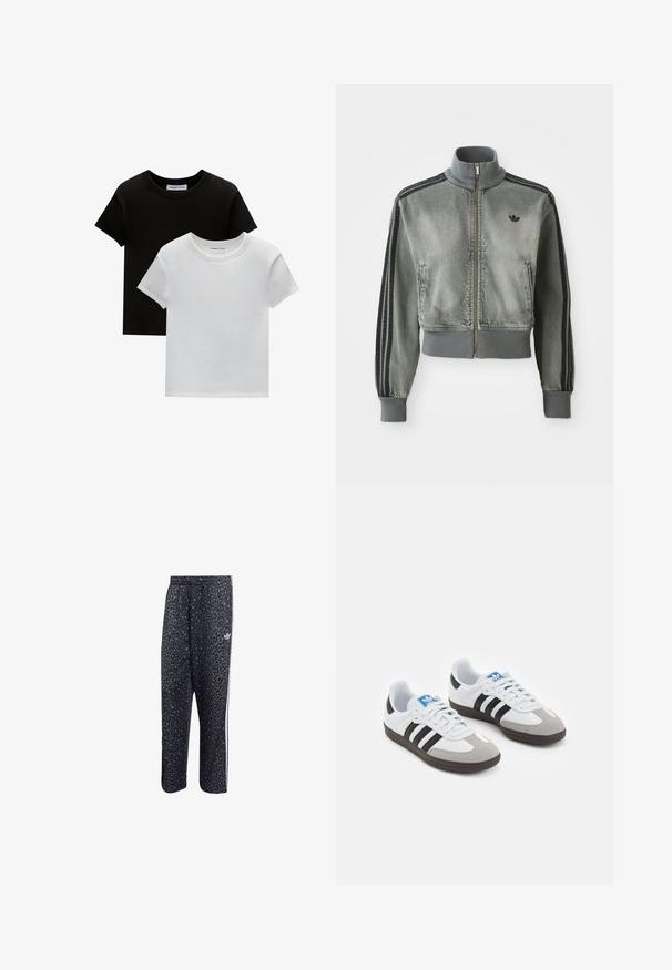 Szürke zipzáros sportdzseki magas gallérral, bordázott mandzsettákkal és szegéllyel, fekete csíkokkal az ujjakon, és egy kis fekete Adidas logóval a mellkason.; Két környakú póló fekete és fehér színben, 100% pamutból készült. Rövid ujjak jellemzik őket, és egyszínű designnal rendelkeznek, minta vagy díszítés nélkül.; Fekete sportnadrág leopárdmintával, fehér háromsávos dizájnnal és egy sportmárka logójával az oldalon.; Fehér bőr felsőrészes sportcipő, szürke velúrból készült orral és három fekete csíkkal. Jellemzője a kék logó a nyelvén és egy texturált gumitalp.
