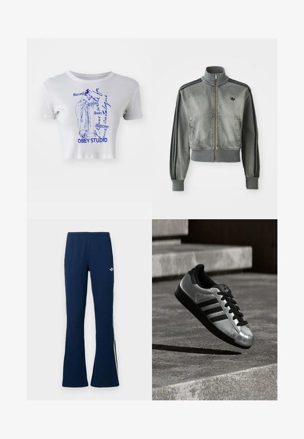 Pilkas sportinis džemperis, užtrauktuku gaunamas iki kaklo, su briaunotais rankogaliais ir apačia, juodomis juostelėmis ant rankovių ir mažuoju juodu Adidas logotipu ant krūtinės.; Balta juostuota trumpo kirpimo palaidinė su mėlynu klasikinės figūros grafiniu tūriu ir tekstu, kur išryškinta prekės ženklo "OBEY STUDIO" pavadinimas.; Tamsiai mėlynos spalvos siūluotos platėjančios sportinės kelnės su baltomis juostelėmis šonuose ir siuvinėta logotipu kairėje pusėje, turi dvi šonines kišenes.; Sidabrinis sportinis batelis su juoda gumine pado dalimi, juodais batraiščiais ir trimis juodomis juostelėmis. Turi metalinį blizgesį ir klasikinio shell toe dizainą.