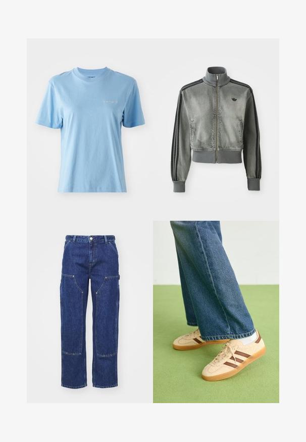 Grijze sportjas met rits en hoge kraag, geribde manchetten en onderkant, zwarte strepen op de mouwen, en een klein zwart Adidas logo op de borst.; Korte mouwen, ronde hals t-shirt van zacht katoen in lichtblauw, met een klein wit Carhartt-logo op de borst. Zachte textuur.; Carhartt WIP NASHUA DOUBLE KNEE PANT - Relaxed fit jeans - blue; Beige sneakers met gestructureerde crèmekleurige panelen en bruine strepen, gecombineerd met blauwe denim jeans. De jeans hebben een brede pijp en een rafelige zoom.