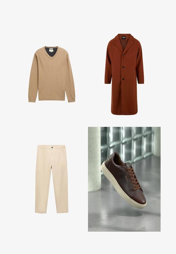 Urban Classics LONG - Klasičan kaput - foxbrown; Bež džemper s V-izrezom napravljen od mekog pletenog materijala, s dugim rukavima i rebrastim rubom. Suptilan detalj s logom na prsima.; Bež hlače od mekane tkanine; imaju elastičnu sredinu, prednje džepove i ravne nogavice.; Smeđi kožni tenisice s okruglim vrhom, smešnim pertlama i bež gumom. Ima minimalno brendiranje s strane.