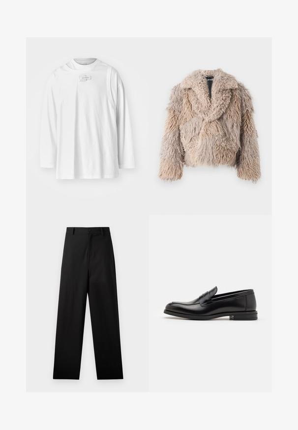 Beige Kunstfelljacke mit einem flauschigen Material, weitem Kragen und cropped Design. Besitzt unterschiedlich lange Fellabschnitte in einem Patchwork-Muster.; Feng Chen Wang DECONSTRUCTION UNISEX - Langarmshirt - white; Schwarze Baumwollhosen mit geradem Bein, ausgestattet mit einem vorderen Knopfverschluss und Seiten Taschen. Glatte Textur, keine Muster.; Schwarze Lederloafers mit glatter Textur, rundem Zehenbereich und einem dekorativen Riemen über dem Vorderfuß. Niedriger, gestapelter Absatz, minimalistisches Design.