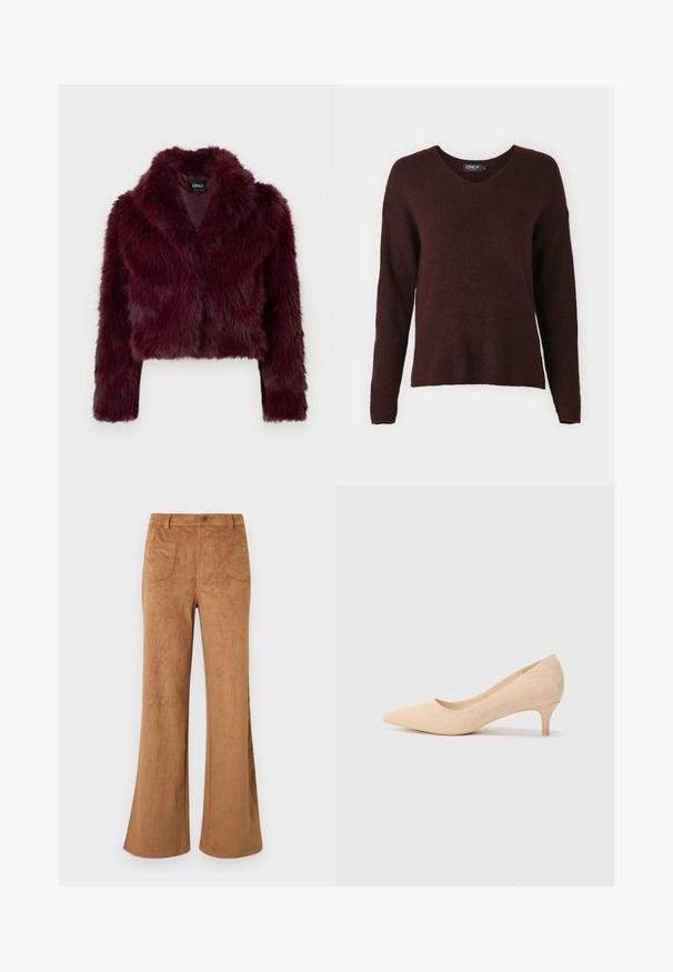 Bordo dirbtinio kailio trumpas švarkas su šalikiniu apykakle ir ilgomis rankovėmis. Savinasi minkštą, tekstūruotą paviršių ir paslėptą priekinį uždarymą.; Bordo megztinis su V formos iškirpte, ilgomis rankovėmis ir tekstūrine raida. Pagamintas iš minkštos medžiagos, laisvo kirpimo.; Rudi zomšos flared kelnės, turinčios aukštą liemenį, priekinius ir galinius kišenes bei lygų paviršių. Sukurtos, kad būtų laisvos visame kojoje.; Smėlio spalvos zomšiniai aukštakulniai bateliai su siauru, 5 cm kulnu ir smailiu pirštu. Lygi tekstūra su minimaliu apdailos elementu viršutiniame paviršiuje.