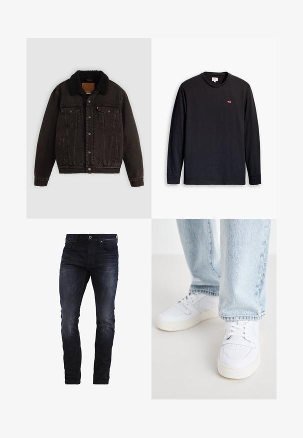 Jaqueta de ganga preta com colarinho forrado a sherpa, bolsos frontais e botões metálicos. Apresenta um design clássico e um material texturizado.; Camiseta preta de manga comprida em algodão. Apresenta decote redondo e um pequeno logótipo vermelho no peito. Textura lisa, corte standard.; Jeans ajustados azul escuro com ligeira descoloração nas coxas e joelhos, apresentando bolsos frontais, passantes para cinto e fecho com botão.; Sneakers brancos de couro de cano baixo com biqueira perfurada, atacadores planos e design minimalista. Combinados com jeans de ganga de cor azul clara.