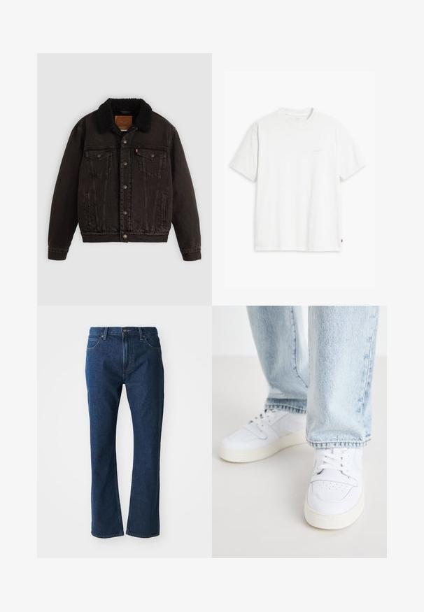 Jaqueta de ganga preta com colarinho forrado a sherpa, bolsos frontais e botões metálicos. Apresenta um design clássico e um material texturizado.; T-shirt de algodão branco com mangas curtas, decote redondo e logo discreto da Levi's impresso no centro. Tecido macio e ajuste padrão.; Jeans de ganga azul escuro com corte reto, fecho frontal com botão e zip, passantes para cinto e bolsos dianteiros e traseiros.; Sneakers brancos de couro de cano baixo com biqueira perfurada, atacadores planos e design minimalista. Combinados com jeans de ganga de cor azul clara.