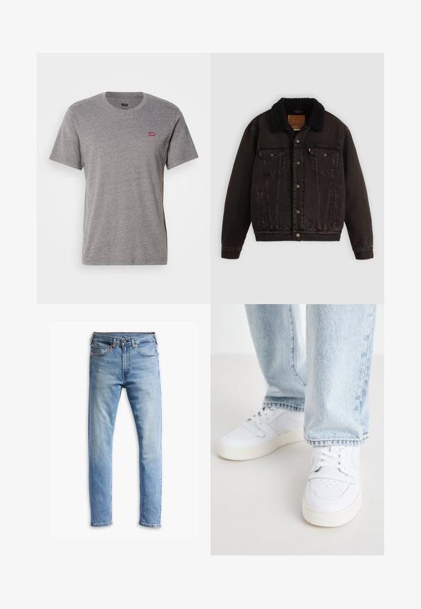 Chaqueta de mezclilla negra con cuello forrado en sherpa, bolsillos frontales y botones metálicos. Presenta un diseño clásico y un material texturizado.; Camiseta gris de manga corta hecha de mezcla de algodón. Presenta un cuello redondo y un pequeño logo rojo de Levi's en el lado izquierdo del pecho. Textura suave.; Vaqueros de denim azul claro con un diseño de corte recto, cinco bolsillos, cierre de botón y un leve desgastado en la tela.; Zapatillas bajas de cuero blanco con puntera perforada, cordones planos y diseño minimalista. Combinadas con pantalones vaqueros de mezclilla azul claro.