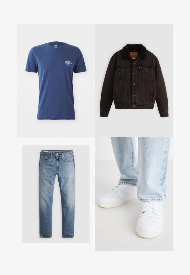 Melna džinsa jaka ar šerpu oderi apkaklē, priekšējiem kabatām un metāla pogām. Ievērojama klasiskā dizaina un teksturēta materiāla īpašības.; Tumši zils kokvilnas T-krekls ar īsām piedurknēm, apaļu kakla izgriezumu un grafisku dizainu ar roku un tekstu kreisajā krūšu daļā.; Gaiši zili džinsi ar taisno kāju dizainu, piecām kabatām un kontrastējošām diega šuvēm. Audums ir nedaudz nodilis.; Biezi balti ādas apavi līdz potītei ar perforētu purngalu, plakaniem šņorēm un minimālistisku dizainu. Saskaņoti ar gaiši ziliem džinsiem.