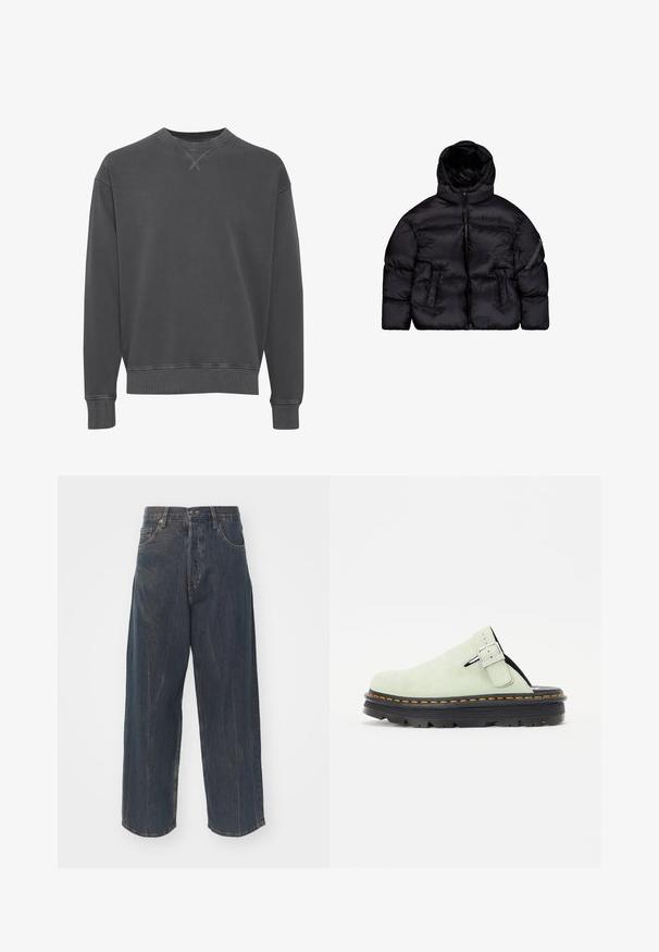 Mustmustel must vest, eemaldatav kapuuts, tõmblukk, kaks esikotti ja tõmblukuga õlakott. Tekstureeritud, isoleeritud materjal.; Tumehallist puuvilla segust valmistatud ümaralune sweatshirth, millel on soonikust mansetid ja ääred, tekstuuriga viimistlus ning peened õmblemise detailid.; Laia tume sinine teksapüksid, millel on peenelt kulutatud tekstuur, viis taskut ning klassikaline nööp ja luku sulgemine vööl.; Hele rohelised nubukist puukingad, millel on ümar varvas, reguleeritav pandla rihm ja must tekstuuriga tald, millel on oranž õmblusdetail.