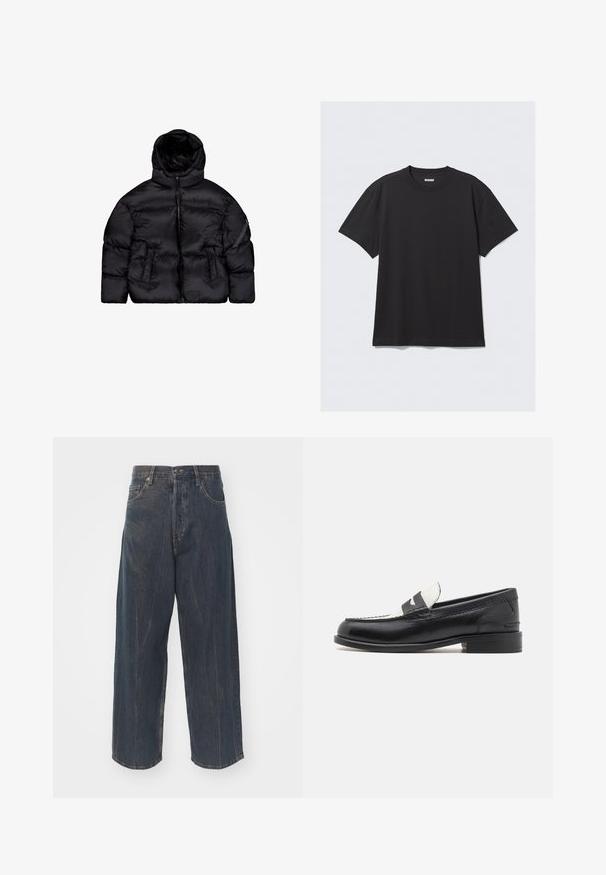 Schwarze Daunenjacke mit abnehmbarer Kapuze, Reißverschluss, zwei Fronttaschen und einer Reißverschlusstasche am Ärmel. Strukturmaterial, isoliert.; Schwarzes T-Shirt mit kurzen Ärmeln aus Baumwolle. Hat einen Rundhalsausschnitt und eine lockere Passform. Einfaches Design ohne sichtbare Muster oder Akzente.; Weite dunkelblaue Jeans aus Denim mit subtilem Distressed-Effekt, fünf Taschen und einem klassischen Knopf- und Reißverschlussverschluss an der Taille.; Clarks CRAFTJAMES LO - Business-Slipper - black