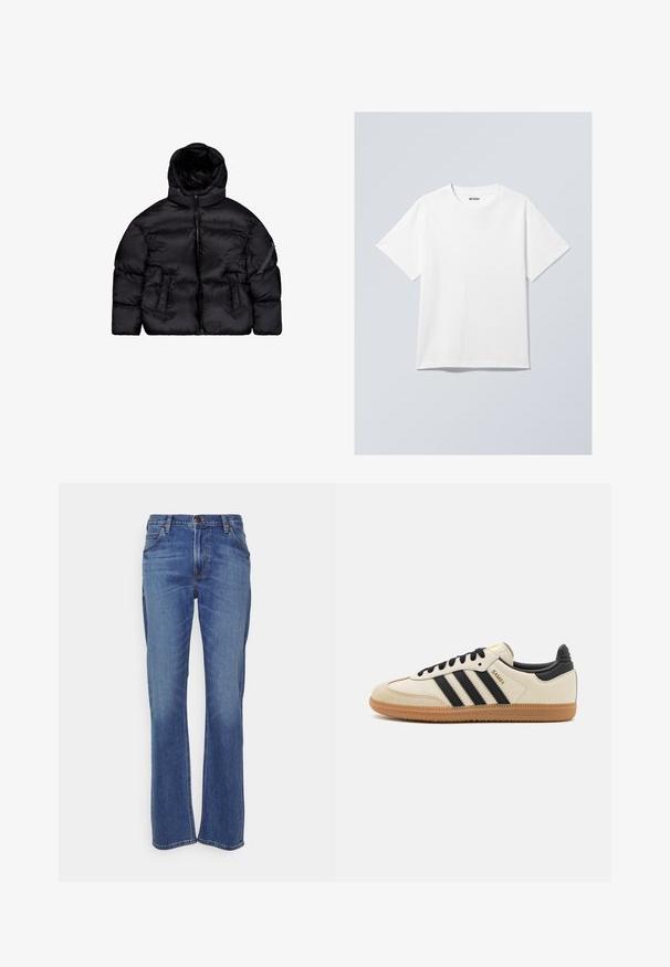 Crna puf jakna s odvojivom kapuljačom, zatvaranjem na patentni zatvarač, dva prednja džepa i džepom sa patentnim zatvaračem na rukavu. Teksturirani, izolirani materijal.; Bijela pamučna majica s okruglim izrezom, kratkim rukavima i opuštenim krojem. Sadrži oznaku branda "WEEKDAY" na izrezu.; Plave traperice s ravnim nogavicama, koje imaju zatvaranje na gumb, klasičan stil s pet džepova i blago izblijedjele dijelove oko koljena.; Bež sportski cipela s crnim prugama, gumeni potplat i crni dodaci. Ima glatku kožnu gornju stranu i dizajn s zaobljenim vrhom.