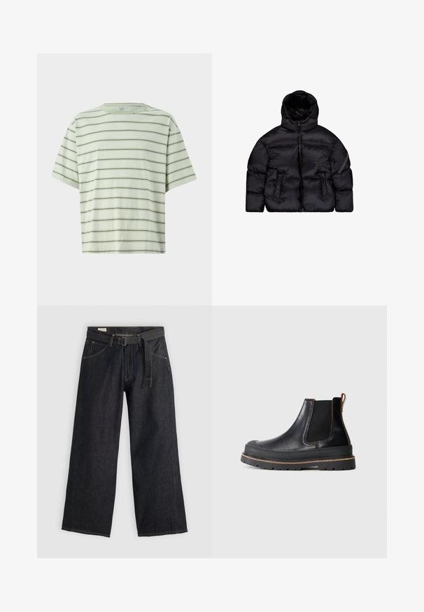 Svart puffjakke med avtagbar hette, glidelås, to frontlommer og en lomme med glidelås på ermet. Teksturert, isolert materiale.; Grønn stripete t-skjorte med korte ermer. Loddrette og vannrette striper vekselvis i et mykt, teksturert stoff. Rund hals-design.; Mørk denim vidde bukser med belte i midjen, som har frontlommer og kontraststing. Glatt tekstur med et rent design.; Svart skinn Chelsea-støvlett med kraftig såle, elastiske sidepaneler og brun trekkrem, vist mot en enkel lys bakgrunn.