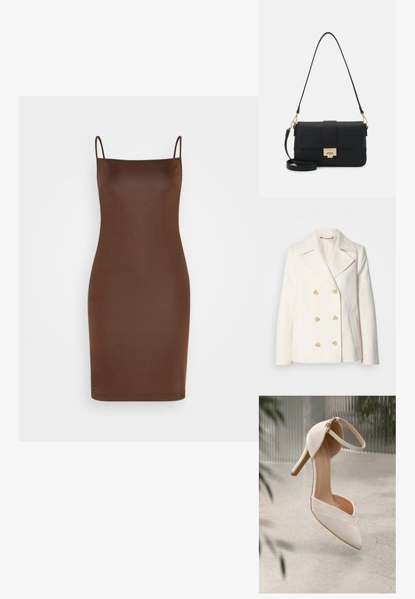 Kétgombos, fehér kabát textúrált anyagból, nagy arany színű gombokkal, csücskös gallérral és oldalzsebekkel.; Szatén barna midi ruha vékony spagetti pántokkal, testhez simuló fazonnal és sima textúrával; nincsenek látható minták vagy díszítések.; Fehér magassarkú cipő sima anyagból, hegyes orral és bokapánttal. Világos bézs belső és aranyszínű hardver díszítés jellemzi.; Fekete műbőr válltáska téglalap alakban, arany színű fémalkatrészekkel, mágneszárral és levehető pánttal. Texturált felület részletekkel.