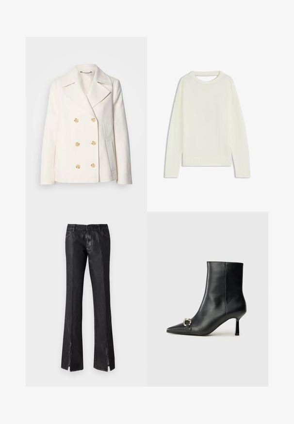 Doppeltknöpfiger weißer Mantel aus strukturiertem Stoff, mit großen goldfarbenen Knöpfen, Revers und seitlichen Taschen.; Hellbeige Pullover mit Rundhalsausschnitt, langen Ärmeln, geripptem Saum und weicher Textur. Keine Muster oder sichtbaren Hardware-Details.; Schwarze ausgestellte Hosen mit glänzender Oberfläche, ausgestattet mit zwei vorderen Taschen und Schlitzdetails am Saum, aus strapazierfähigem Material gefertigt.; Schwarze Leder-Stiefelette mit spitzer Zehe, schlankem, mittelhohem Absatz und silberner Schnalle seitlich vor einem schlichten Hintergrund.