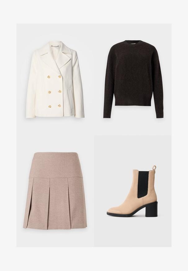 Double-breasted white coat in textured fabric, featuring large gold-tone buttons, notched lapels, and side pockets.; Samsøe Samsøe ANOUR - Jumper - black coffee; Pleated skirt in a soft beige fabric with a smooth waistband, featuring a textured, lightweight material and a straight hem.; Beige suede ankle boot with a block heel, featuring a black elastic gusset and pull tab at the back. Smooth texture and rounded toe design.
