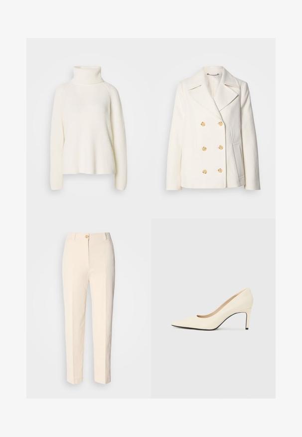 Dva reda gumba bijeli kaput od teksturirane tkanine, sa velikim zlatnim tipkama, reverima i bočnim džepovima.; Bijeli pleteni džemper s visokom ovratnikom, rebrastom teksturom, raglan rukavima i opuštenim krojem. Ima visoki ovratnik i mekanu tkaninu.; Kremaste, hlače visokog struka napravljene od strukturirane tkanine. Imaju prednje kopčanje na dugme i sužene nogavice.; Bijele visoke potpetice od kože s oštrom nožnom kapom, glatkom teksturom i crnim naglaskom na potplatu. Klasični dizajn s umjerenom visinom pete.