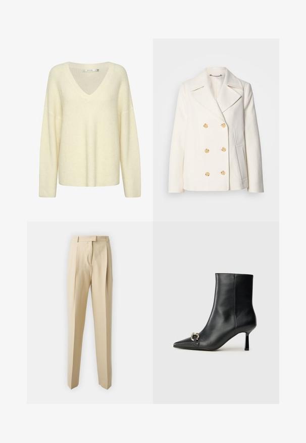 Kahekordne valge mantel tekstureeritud kangast, millel on suured kuldsete nuppudega, küljel olevad taskud ja nurgelised kraed.; Kreemivärvi kootud sviiter V-kujuline kaelus, pikad varrukad ja laialt lõigatud. Omab tekstuuriga mustrit ja pehmet, paksu materjali.; Beez värvi jalatsid, sirgete lõigetega, kergelt kortsulistedetailide, vöökoha ja siledaga tekstuuriga. Ei ole nähtavaid taskuid ega kaunistusi.; Must mustanvärvi nahast pahklinetopp, millel on terav nina, peen keskmise kõrgusega konts ja hõbedane keha detail külgedel, taustal lihtne taust.