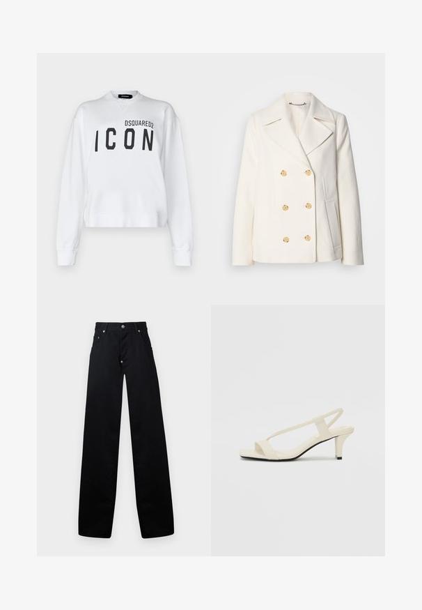 Abrigo blanco de doble botonadura en tejido texturizado, con grandes botones dorados, solapas con muesca y bolsillos laterales.; DSQUARED2 ICON COOL FIT CREWNECK - Sudadera - white; Pantalones de pierna ancha negros, hechos de algodón, con cremallera, dos bolsillos frontales y un diseño clásico de cinco bolsillos con acentos de hardware metálico.; Sandalias de tacón cuadrado en color beige con tiras delgadas y punta cuadrada. Material suave con un diseño minimalista, diseñado para facilitar su uso.