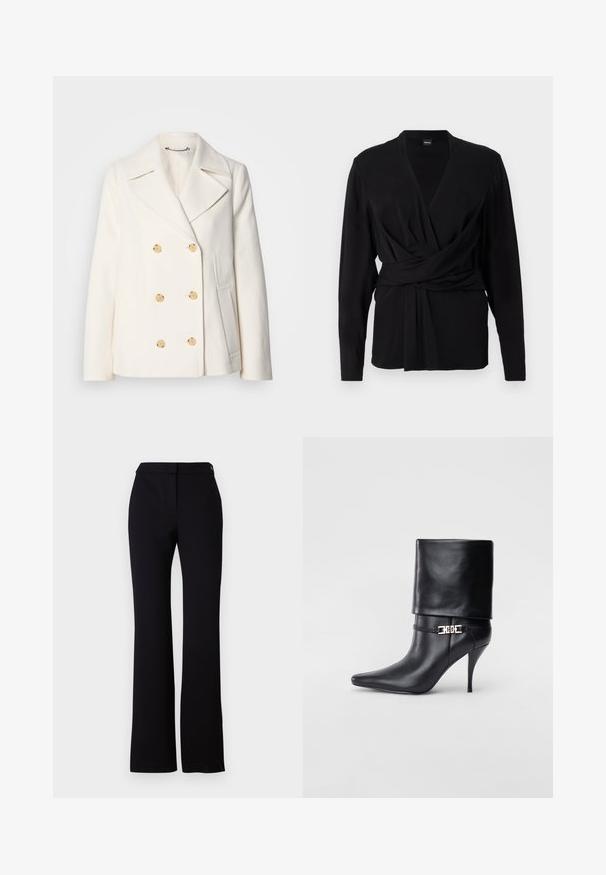 Dvojradový biely kabát z texturovanej tkaniny s veľkými zlatými gombíkmi, s klopami a bočnými vreckami.; Čierny zavinovací top vyrobený z mäkkej látky, s dlhými rukávmi, v-dekoltom a viazaním na opasku, ktoré zvýrazňuje pás. Hladká textúra.; Čierne nohavice so strihom do rovna, hladkým povrchom a pásom s jedným gombíkom na zapínanie. Žiadne viditeľné vzory ani akcenty.; Čierna kožená členková topánka s špicatou špičkou, vysokým ihlovým podpätkom, prehnutým manžetom a zlatým dekoratívnym sponou na členku.