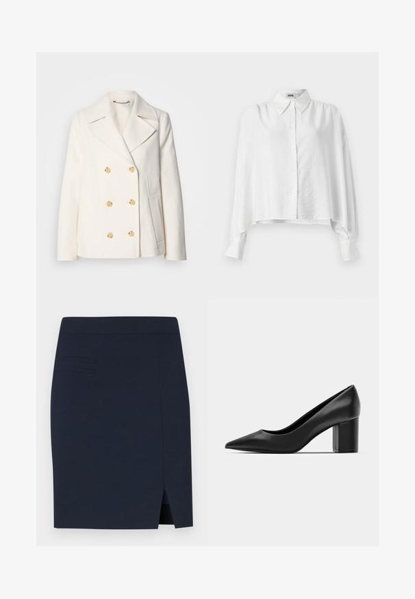 Abrigo blanco de doble botonadura en tejido texturizado, con grandes botones dorados, solapas con muesca y bolsillos laterales.; Camisa blanca de botones con un corte relajado, que presenta un cuello extendido, mangas largas y un dobladillo ligeramente recortado. Tela suave y ligera.; Falda ajustada azul marino hecha de una tela suave, con una abertura trasera y tres detalles de costura horizontal en la zona del bolsillo frontal.; Zapato de charol negro con puntera afilada y tacón cuadrado ancho. Textura suave, diseño simple, adecuado para entornos formales.
