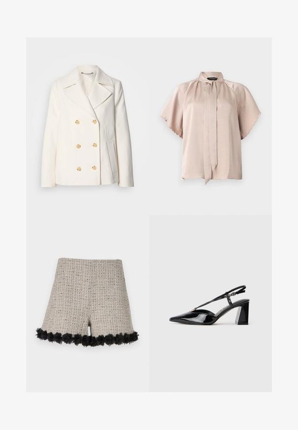 Kaksirivinen valkoinen takki, jossa on teksturoitu kangas, suuret kultasävytetyt napit, kauluksessa lovet ja sivutaskut.; Lyhyet hihat oleva blusa vaaleanbeige satiinista, jossa on korkea kaulus sitomisella ja reunataitteet hihoissa. Sujuva pinta.; Beige tweed shorts dengan pola tekstur, menampilkan hiasan bunga hitam di bagian hem. Desainnya memiliki bentuk yang disesuaikan secara keseluruhan.; Musta patenttiliimainen slingback-korkokenkä, jossa on terävä kärki, säädettävä hihna ja paksu suorakulmainen korko.