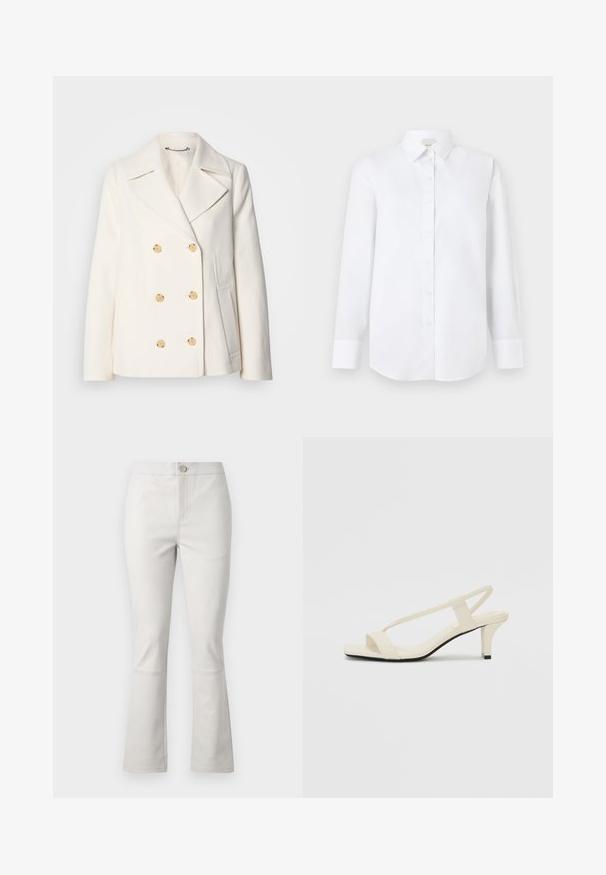 Double-breasted white coat in textured fabric, featuring large gold-tone buttons, notched lapels, and side pockets.; White long-sleeve shirt made of smooth fabric, featuring a button-down front, classic collar, and rounded hem with buttoned cuffs.; Light gray flared pants made of cotton blend. Features front pockets, a button closure, and subtle stitching details along the seams.; Beige block-heeled sandals with thin straps and a square toe. Smooth material with minimal detailing, designed for easy wear.