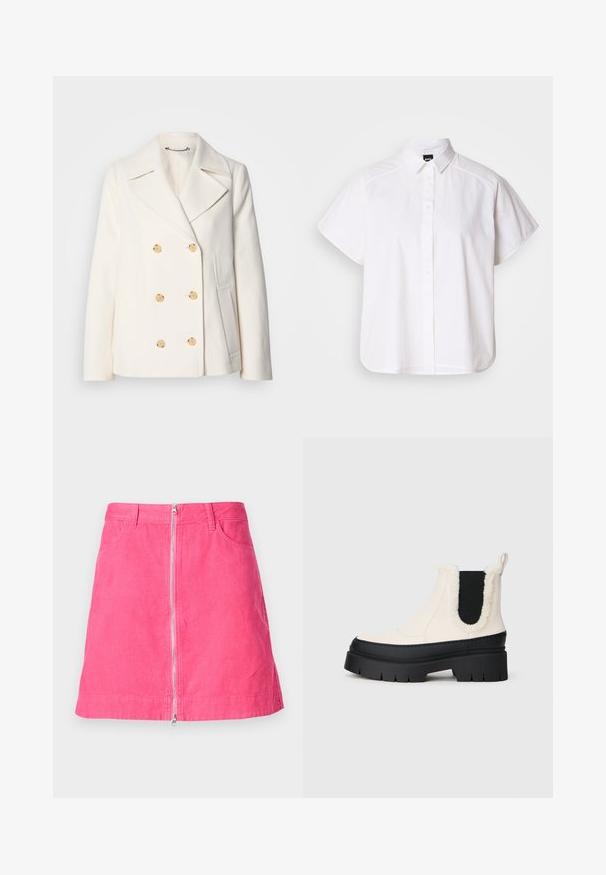 Doppeltknöpfiger weißer Mantel aus strukturiertem Stoff, mit großen goldfarbenen Knöpfen, Revers und seitlichen Taschen.; Weißes kurzärmliges Hemd mit Knopfleiste, spitzem Kragen und abgerundetem Saum. Hergestellt aus Baumwolle mit glatter Textur und ohne sichtbare Muster.; Rosa Cordrock mit Vorderreißverschluss, zwei Taschen und feiner Rippstruktur. Saumabschlüsse und taillierte Form.; Klüpfende Plattform-Stiefeletten mit einem weißen Obermaterial, schwarzer Gummisohle und kontrastierenden schwarzen elastischen Seitenpaneelen. Kunstpelzbesatz am oberen Rand.