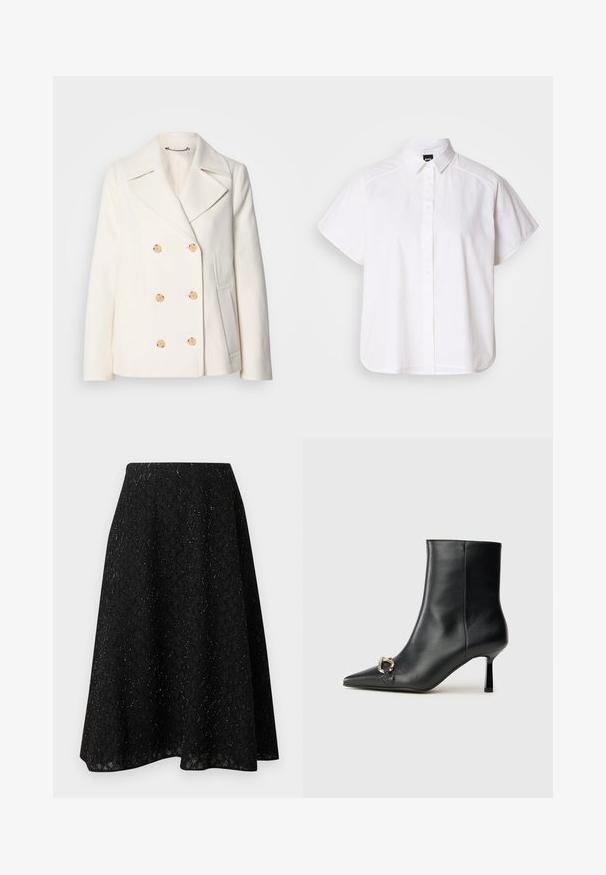 Double-breasted white coat in textured fabric, featuring large gold-tone buttons, notched lapels, and side pockets.; White short-sleeve button-up shirt with a pointed collar and curved hem. Made from cotton with a smooth texture and no visible patterns.; Black midi skirt made of textured fabric, featuring a diamond pattern and subtle shimmer. A-line silhouette with a flowing shape.; Black leather ankle boot with pointed toe, slim mid-height heel, and silver buckle detail on side against plain background.