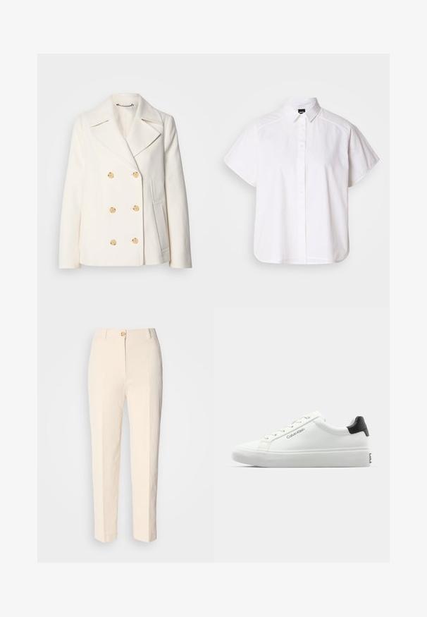 Dobbeltbrystet hvid frakke i struktureret stof med store guldfarvede knapper, spidsrevers og sidelommer.; Hvid kortærmet skjorte med knaplukning, spidse kraver og buet nederste kant. Lavet af bomuld med en glat struktur og uden synlige mønstre.; Cremefarvede, højtaljede bukser lavet af tekstureret stof. Har en lukning med knap foran og tætsiddende ben.; Hvid sneakers med en glat overflade, sort hælaccent og snørebåndsdesign. Har "Calvin Klein" branding på siden. Minimalistisk stil.