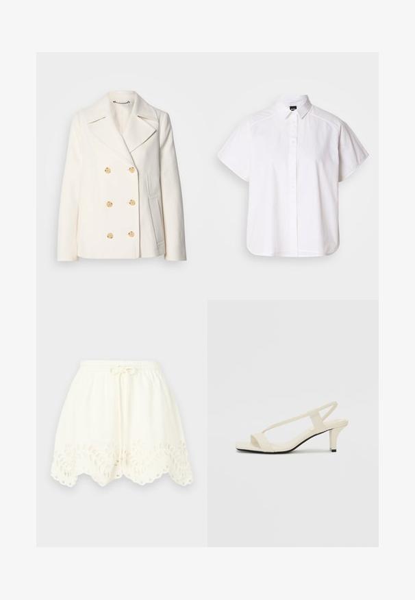 Abrigo blanco de doble botonadura en tejido texturizado, con grandes botones dorados, solapas con muesca y bolsillos laterales.; Camisa blanca de manga corta con botones, cuello con puntas y dobladillo curvado. Fabricada en algodón con una textura suave y sin patrones visibles.; Pantalones cortos de algodón blancos con cintura elástica y cordón ajustable, que presentan bordados florales y un dobladillo con forma de concha y detalles recortados.; Sandalias de tacón cuadrado en color beige con tiras delgadas y punta cuadrada. Material suave con un diseño minimalista, diseñado para facilitar su uso.
