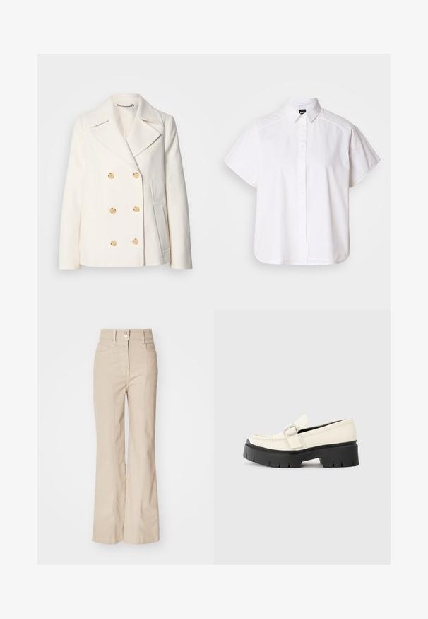 Manteau blanc croisé en tissu texturé, ornée de grandes boutons dorés, de revers crantés et de poches latérales.; Chemise blanche à manches courtes, à boutons, avec un col pointu et un ourlet arrondi. Fabriquée en coton, elle possède une texture lisse et sans motifs visibles.; Pantalons évasés taille haute beige en mélange de coton, dotés de poches avant, d'un zip et d'un détail en bouton argenté à la taille.; Loafer en cuir blanc avec une semelle plateforme noire épaisse, présentant une boucle rectangulaire en argent et des détails de couture visibles sur la tige.