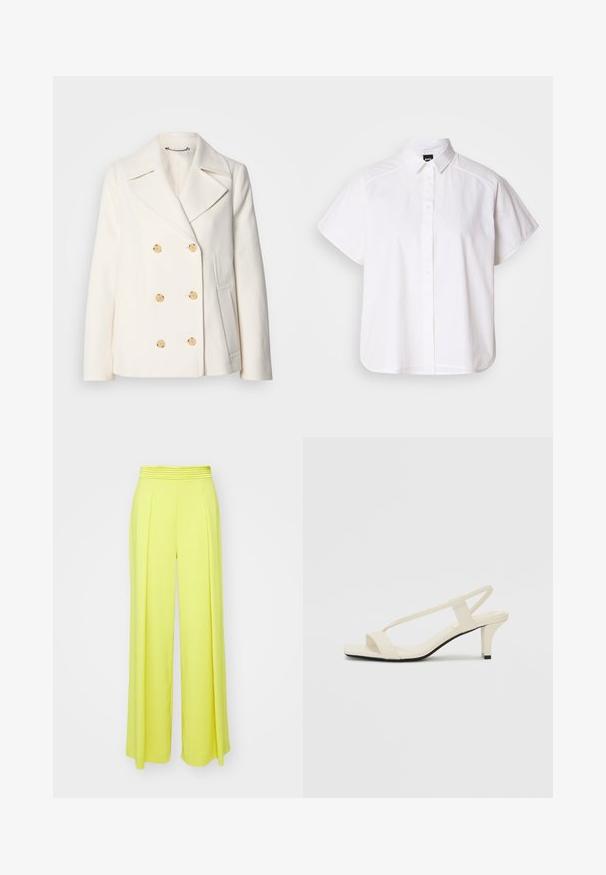 Dvojradový biely kabát z texturovanej tkaniny s veľkými zlatými gombíkmi, s klopami a bočnými vreckami.; Biela krátka košeľa s krátkym rukávom a výstrihom do špica, s oblým lemom. Vyrobená z bavlny s hladkou textúrou a bez viditeľných vzorov.; Široké nohavice v jasne žltej látke. Majú prekladaný predný diel a textúrový, ribovaný pás. Hladká textúra s čistým dizajnom.; Béžové sandále na blokovom podpätku s tenkými pásikmi a štvorcovou špičkou. Hladký materiál s minimálnym detailovaním, navrhnuté pre ľahké nosenie.