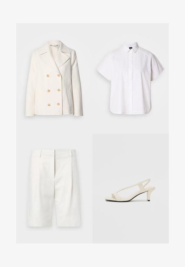 Dubultās krūšu baltas mētelis no teksturēta auduma, ar lieliem zelta toņa pogām, iegrieztiem uzgaļiem un sānu kabatām.; Balta īsajām piedurknēm krekls ar pogām un norādītu apkakli, kā arī viļņotu apakšmalu. Izgatavots no kokvilnas ar gludu tekstūru un bez redzamām rakstām.; Gai krāsas taisnas šortas, izgatavotas no kokvilnas, ar plakanu priekšpusi, krokām un taisnu griezumu. Gluda tekstūra ar klasisku apdari.; Beige bloku papēžu sandales ar plānām siksnām un kvadrāta formas purngalu. Gluda materiāla virsma ar minimālām detaļām, paredzētas ērtai nēsāšanai.