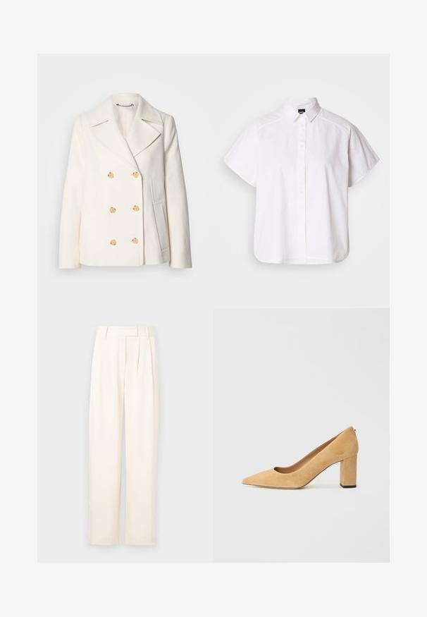 Dobbeltbrystet hvid frakke i struktureret stof med store guldfarvede knapper, spidsrevers og sidelommer.; Hvid kortærmet skjorte med knaplukning, spidse kraver og buet nederste kant. Lavet af bomuld med en glat struktur og uden synlige mønstre.; Lys beige brede benbukser med en glat tekstur, der har forskydninger foran og en flad talje. Ingen synlige lukninger eller lommer.; Beige ruskind højhælede pumper med spidse tæer og en kraftig blokhæl. Materialet har en blød tekstur med en glat overflade.