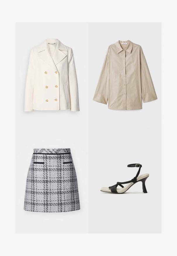 Dwurzędowy biały płaszcz z teksturowanej tkaniny, z dużymi guzikami w kolorze złotym, wykładanymi klapami i kieszeniami bocznymi.; Beżowa koszula z długim rękawem, dużym spiczastym kołnierzem, z zapięciem na guziki oraz szerokimi mankietami. Wykonana z gładkiego, lekkiego materiału.; Szara spódnica w kratkę z teksturowanej tkaniny, o dopasowanym kroju i czarnych wykończeniach. Zawiera dwie przednie kieszenie z czarnymi detalami.; Czarne sandały na obcasie z plecionym paskiem, kwadratowym noskiem i regulowanym paskiem na kostkę. Jasnobeżowa wkładka z błyszczącym czarnym obcasem.