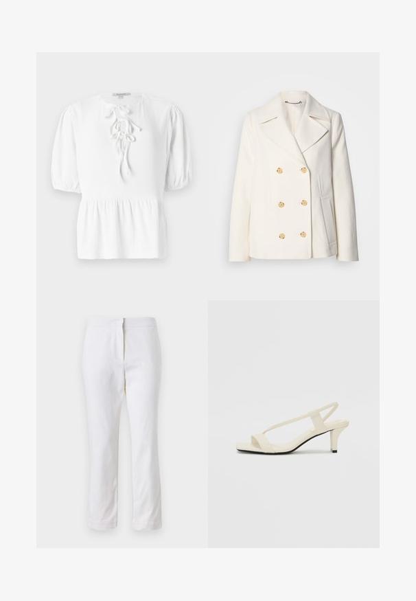 Dvojřadový bílý kabát z texturované látky, který má velké zlaté knoflíky, klopové límce a boční kapsy.; Bílá blůza s kulatým výstřihem, krátkými nabíranými rukávy a šňůrkovým uzávěrem na přední straně. Má texturovanou tkaninu a peplum lem.; Bílé bavlněné kalhoty s rovnou nohavicou, s středně vysokým pasem a bez viditelných kovových prvků nebo vzorů. Hladká textura po celém povrchu.; Krémové sandály na bloku s tenkými popruhy a čtveratou špičkou. Hladký materiál s minimálními detaily, navržené pro snadné nošení.