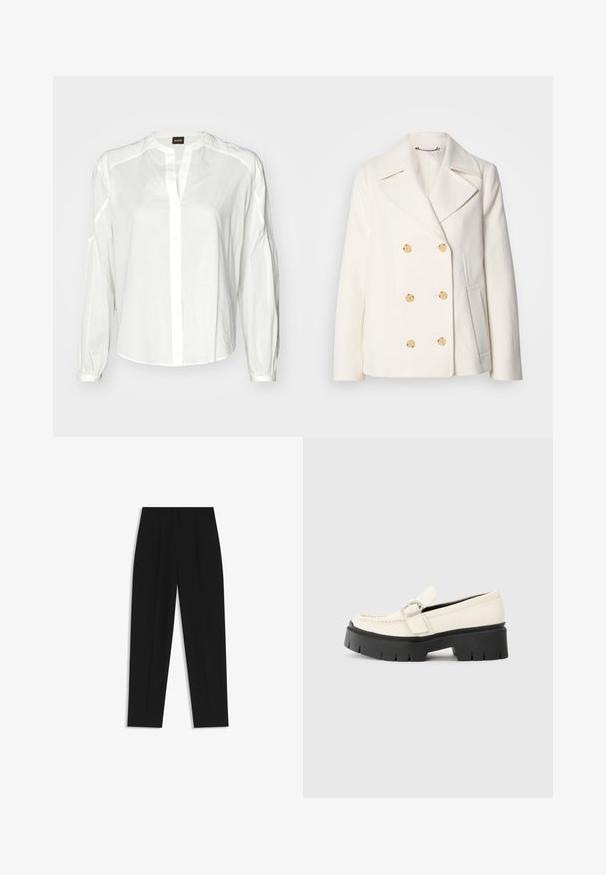 Double-breasted white coat in textured fabric, featuring large gold-tone buttons, notched lapels, and side pockets.; White button-up shirt made of light fabric, featuring a collar, long sleeves, and a relaxed fit. Subtle stitching detail along shoulder seams.; Black trousers with a straight fit, featuring double pleats, a smooth texture, and a classic waistband design. No visible hardware or accents.; White leather loafer with a chunky black platform sole, featuring a rectangular silver buckle and visible stitching detail on the upper.