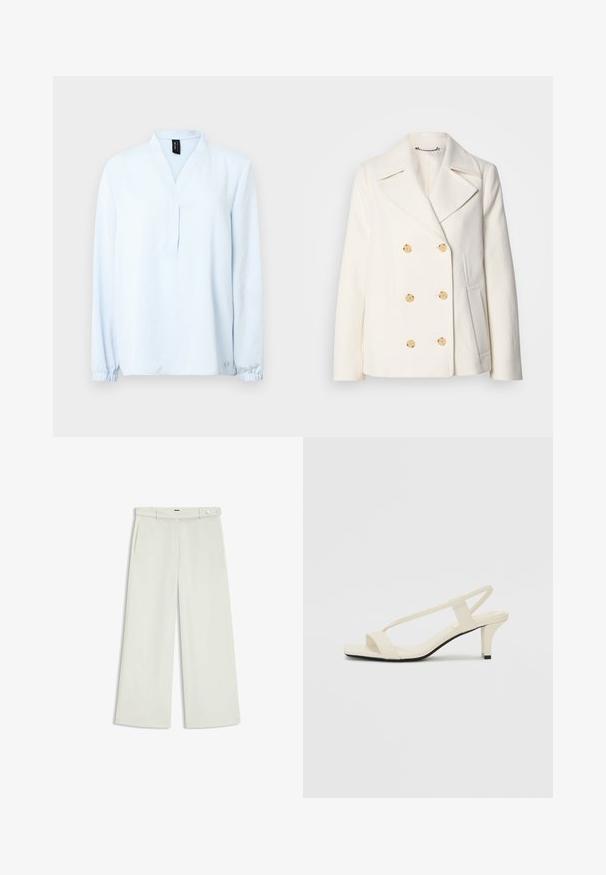 Dubbelzijdige witte jas van textuurstof, met grote goudkleurige knopen, gesmeden revers en zijzakken.; Lichtblauw topje met lange mouwen en een V-hals, gemaakt van zachte stof. Heeft geplooide manchetten en een klein logodetail aan de zoom.; Wijde broek in licht crèmekleurige stof, met zijzakken, een platte voorkant en een enkele knoopsluiting bij de taille. Glad van textuur.; Beige blockhak sandalen met dunne bandjes en een vierkante neus. Glad materiaal met minimale details, ontworpen voor eenvoudig dragen.